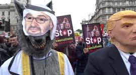Stop executions in Saudi Arabia group and Trump impersonator at Parliament Square protest against the US President state visit to the UK