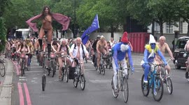 Naked unicyclist joins other bare participants in London for World Naked Bike Ride 2019
