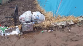 UK festival goers fashion a flood barrier from empty beer boxes to hold off mud