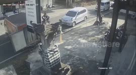 Truck rolls into sign when driver forgets handbrake