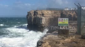 Sea spray being blown up the cliffs at Portland Bill