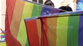 Toronto pride parade and celebration of diversity brings thousands of people and rainbow flags into the downtown of Canadian city