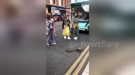 Glasgow locals form pathway for a family of ducks to cross busy road