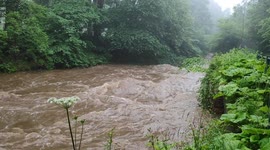 Rainstorm in Edinburgh turns river into a torrent.