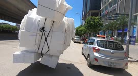 Ridiculously overloaded bikes carrying giant foam blocks
