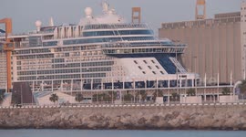 The large cruise ship MSC Seaview arriving into Barcelona port at sunrise