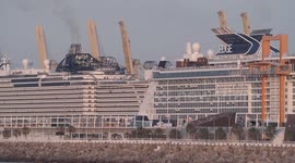 The large cruise ship MSC Seaview arriving into Barcelona port at sunrise