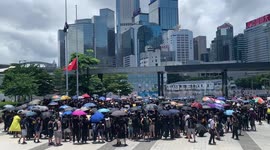 Hong Kong Handover Anniversary Protests flag waving wide shot