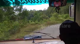 Great driving skill of a bus driver on a dangerous narrow road
