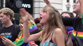 Women 'moons' homophobic religious protesters during London Pride 2019