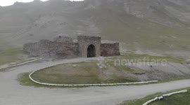 Kyrgyzstan, Drone video from Tash Rabat Hotel Museum, Silk Road to Chine, Nature, Yurts Village, Old Silk Hotel, Mountain of Tash Rabat