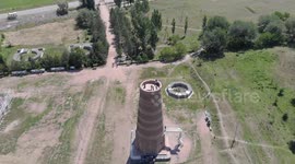 Drone video of Burana Tower, Bishkek, Tokmok, Kyrgyzstan, Central Asia.
