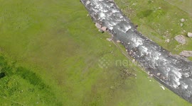 Drone video of Altyn Arashan River, Yurts Village, Karakol, Issyk Kul Lake, Kyrgyzstan, Central Asia.