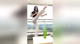 Chinese woman uses high heels to open beer for the #BottleCapChallenge