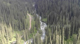 Drone video of Altyn Arashan River, Karakol, Issyk Kul Lake, Kyrgyzstan, Central Asia.