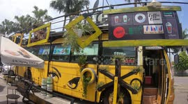 All aboard Hanoi's unique bus cafe with recycled items