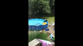 US kids hilariously complain as huge bear plays with their pool toys