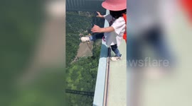 Don't look down! Fearless girl steps onto 260-metre-high glass walkway in China's Zhangjiajie
