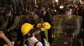 Woman trying to stop riot police with flowers in Hong Kong