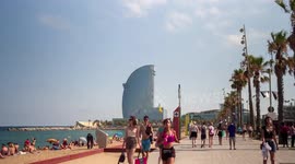 hyper lapse POV shot along the beach in barcelona