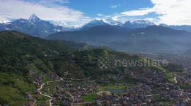 Breath-Taking Drone Flight over Pokhara, Nepal with the Himalayan Mountains