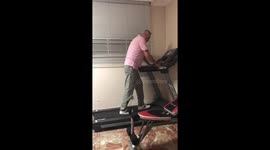 Older man freaks out and can't figure out how to turn off treadmill