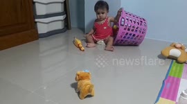 Baby cries out after 'demon' dog with flashing green eyes approaches her