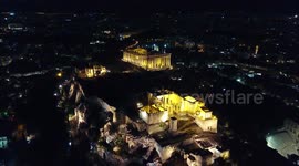 Drone flight over the Acropolis of Athens at night