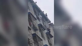 Firefighters rescue boy hanging from fourth-floor window in central China