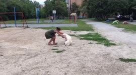Runaway dog in Russia saved by passing cyclist in heartwarming rescue