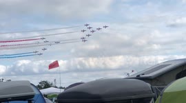 Red arrows with the Patrouille de France flypast Riat 2019