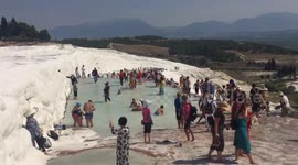 Pamukkale resort in Turkey famous for white stone shelves that look like snow