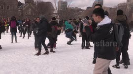 Massive snowball fight on university of Toronto campus brings back memories of winter fun as students play in the snow after major winter storm