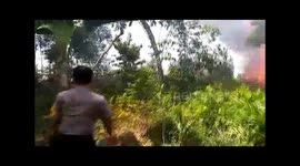 Indonesian police fight against forest fires, use tree branches