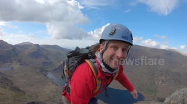 Scrambling / rock climbing without ropes on the West Face of Tryfan, North Wales, UK