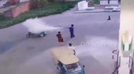 Motorist sprayed with fire extinguisher after he refused to stop smoking at petrol station in China