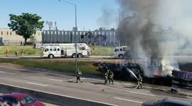 Semi truck on fire in a highway in Denver