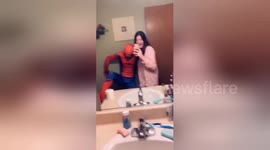 Spider-Fail! Boyfriend dressed as Spider-Man tries cool pose but sticks foot in toilet