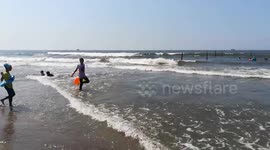 Girls Run On Beach At Ras El Bar Summer Vacation