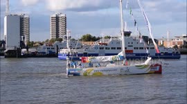 The Clipper Round the World yachts head down the Thames from London heading to the start line for the 2019-20 race