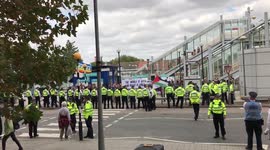 Protesters Scuffle with Police ahead of World defence and Security exhibition at Royal Victoria