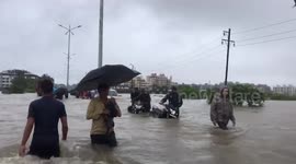 Mumbai streets completely flooded during summer rains, halting transport