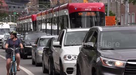 Typical downtown Toronto traffic jam and gridlock with transit vehicles and cars stuck everywhere