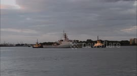 HMS Medway, the Royal Navy's newest ship, arrives in London for the DSEI trade show