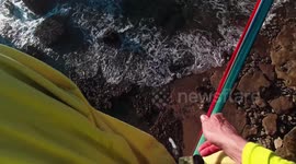 Highline walker shows first-person view of dizzying crossing over French shoreline