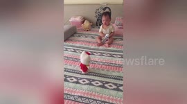 Chinese baby gets scared by voice-activated toy