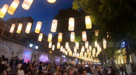 Beautiful lantern street with thousands of lanterns lit on the street in Vietnam