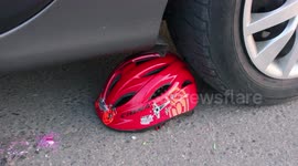 Car CRUSHES objects including kid's helmet and plastic toys in this satisfying clip
