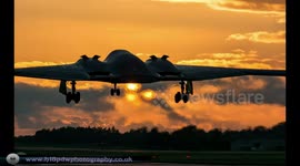 B2 stealth bombers land at UK airport with stunning sunset backdrop