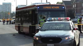 Toronto police investigate after pedestrian hit by transit bus on city street resulting in serious injury to the pedestrian and major damage to the bus